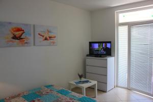 1 dormitorio con 1 cama, TV y ventana en Apartments Oaza Regi, en Medulin