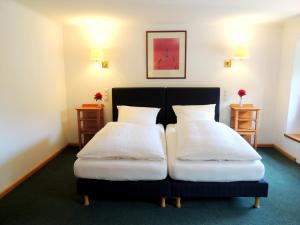2 camas en una habitación de hotel con almohadas blancas en Gästehaus Mälzerei auf Schloss Neuburg am Inn, en Neuburg am Inn