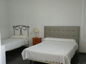 a bedroom with two beds and a table with a lamp at Alojamiento Jose Carlos in Málaga