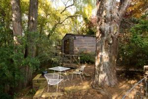 un tavolo e delle sedie in un cortile con un albero di Cottage Pie a Clarens