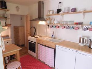 a small kitchen with a stove and a sink at Hof Rodenkrog in Lütjenburg