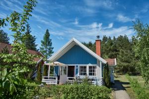 a small blue house with a brick chimney at Useriner Ferienhaus in Userin