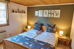UserinにあるUseriner Ferienhausのベッドルーム(青い枕の大型ベッド1台付)