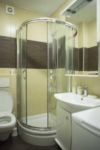 a bathroom with a shower and a toilet and a sink at Porodični in Sveti Stefan