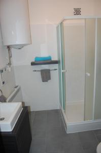 uma casa de banho com um chuveiro e um lavatório. em Apartman a Szentlélek u. -3ban em Sopron