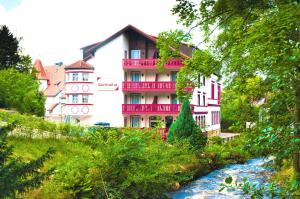 ein Gebäude mit einem Fluss davor in der Unterkunft REGIOHOTEL Germania am Kurpark Bad Harzburg in Bad Harzburg