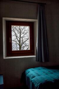 a bedroom with a window with a tree outside at A casa mia in Meduno