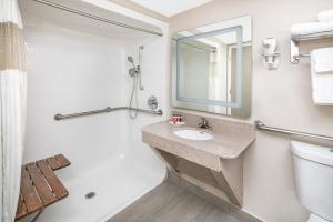 a bathroom with a sink and a toilet and a mirror at Ramada by Wyndham Alpharetta Atlanta North in Alpharetta +21 photos