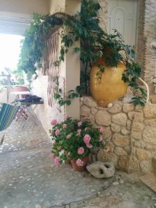 un mur en pierre avec des fleurs et un grand vase dans l'établissement Varagoulis Giannis & Lenas Apartments, à Paramonas