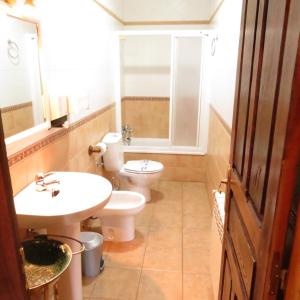 a bathroom with a toilet and a sink at Agroturismo La Casona de Belmonte in Oviñana