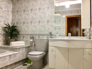 a bathroom with a toilet and a sink and a mirror at De Camino vivienda de uso turístico in Arzúa