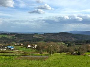 um campo verde com árvores e montanhas ao fundo em De Camino vivienda de uso turístico em Arzúa