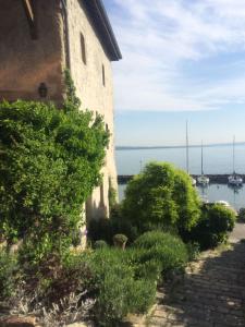 a building with trees in front of a body of water at L'Alcôve d'Amédée V in Yvoire