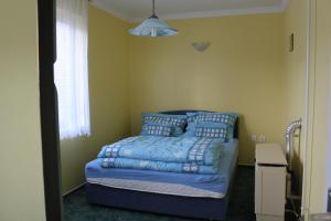 1 dormitorio con cama con sábanas azules y ventana en Orwa apartmanok - Cédrus köz, en Zalakaros