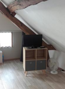 a living room with a tv on a stand in a attic at Chambre d'hôtes La Guéjaillière in Beaumont-Pied-de-Boeuf