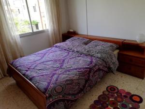 リマソールにあるFamily Nest In The Heart Of Limassolのベッドルーム1室(紫色の掛け布団、窓付)