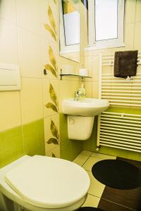 a bathroom with a white toilet and a sink at Penzion Fako in Liptovský Mikuláš