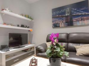 un soggiorno con divano in pelle e un fiore di Apartamento Céntrico a Ripoll