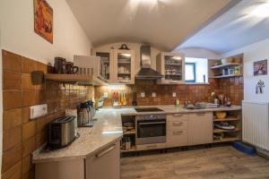 una cucina con piano di lavoro e forno a microonde di Pernštejnův statek a Dívčí Kopy