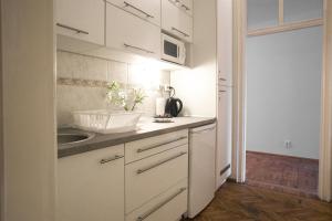 ブダペストにあるOzone Private Roomsの白いキッチン(シンク、電子レンジ付)
