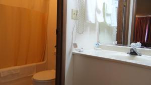 a bathroom with a toilet, sink and mirror at Stay Inn in Port Clinton