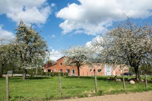 a red brick house in a field with trees at DE SMISHOEVE met speelruimte, dieren en wellness in Heers