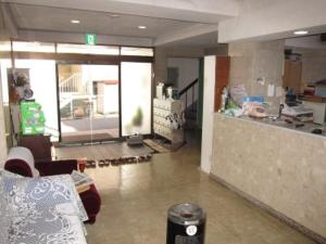 een woonkamer met een bank en een aanrecht bij Aoi Business Hotel in Fukuyama