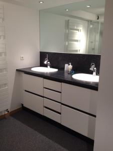 La salle de bains est pourvue de 2 lavabos et d'un grand miroir. dans l'établissement Les Appartements de Home Petite Venise, à Colmar