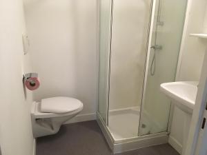 a bathroom with a shower and a toilet and a sink at Résidence Mes Amours d'Enfants - Les Villas du Lac in Soustons