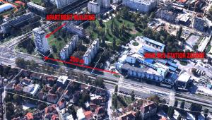 an overhead view of a city with buildings and a highway at Apartmani Borko in Zagreb