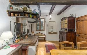 a kitchen with a counter and a table in a room at Apartment Kuharić in Grožnjan