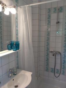 a bathroom with a sink and a shower with a shower curtain at Nia Apartment in Jadranovo +21 photos