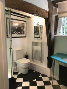 a bathroom with a toilet and a checkered floor at Monkspool B&B in Church End