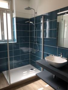 a bathroom with a shower and a sink and a mirror at Apartment La Terasse in Carcassonne