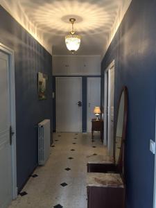 a hallway with blue walls and a ceiling with a chandelier at Apartment La Terasse in Carcassonne