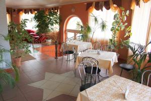 a restaurant with tables and chairs and potted plants at Apollon in Mukacheve