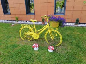a yellow bike with a basket of flowers and mushrooms at Agriturismo Pituello in Talmassons