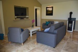a living room with two couches and a tv at Le Mazet d'Emilia avec jardin et piscine privés in Cucuron