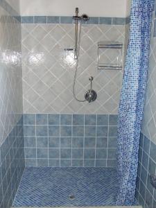 ducha de azulejos azules con cortina de ducha azul en Casa Martineriu, en Orosei