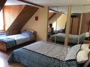 een slaapkamer met 2 bedden en een spiegel bij Résidence Les Cascades in Le Mont-Dore