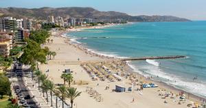 a beach with a crowd of people and the ocean at Apartamentos Deluxe Benicasim in Benicàssim