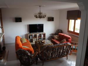 ein Wohnzimmer mit 2 Stühlen, einem Tisch und einem TV in der Unterkunft El Cerezo in Ciudad-Rodrigo