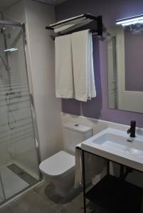 y baño con aseo, lavabo y ducha. en Hostal Universitat, en Cervera