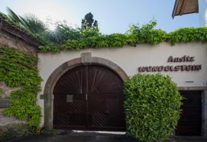 a building with a large wooden door and ivy at Ansitz Wendelstein in Appiano sulla Strada del Vino