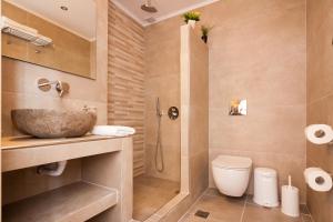 a bathroom with a shower and a toilet and a sink at Irini's Rooms Fteoura in Kamari
