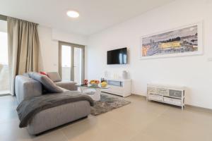 a living room with a couch and a tv at Luxury Two-Bedroom Apartment With Terrace Over Old City View in Jerusalem