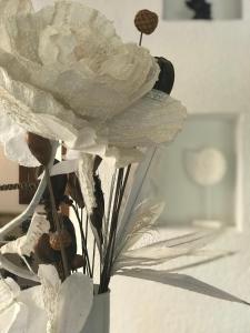 a white flower in a vase on a table at Ca s’Hereu in Cala Millor