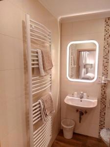 a small bathroom with a sink and a mirror at Pension Wachau in Klagenfurt