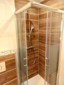 a shower in a bathroom with a wooden wall at Pension Wachau in Klagenfurt