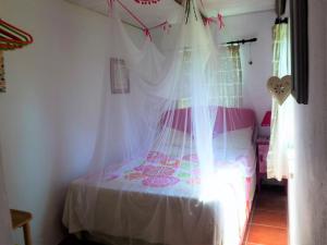 a bedroom with a bed with a mosquito net at Casa da Casimira in Miranda do Corvo